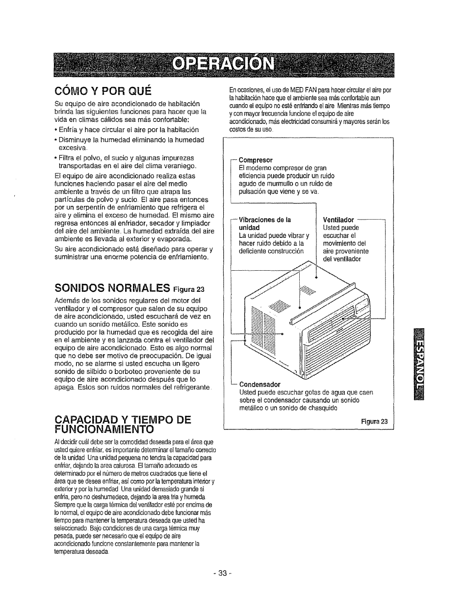 Cómo y por qué, Sonidos normales figura 23, Capacidad y tiempo de funcionamiento | Sonidos normales | Kenmore 580. 72089 User Manual | Page 33 / 40