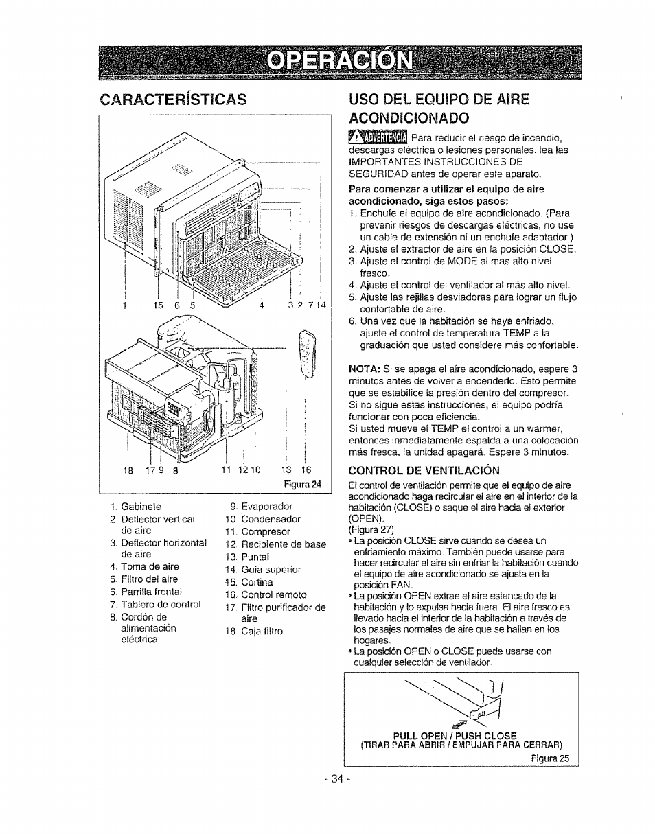 Uso del equipo de aire acondicionado, Control de ventilación, Caracteristicas | Kenmore 580. 72089 User Manual | Page 34 / 40