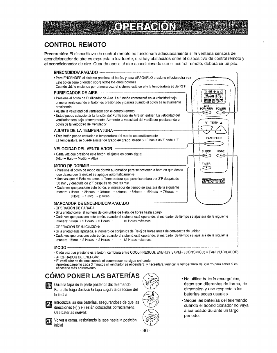 Control remoto, Cómo poner las baterías | Kenmore 580. 72089 User Manual | Page 36 / 40