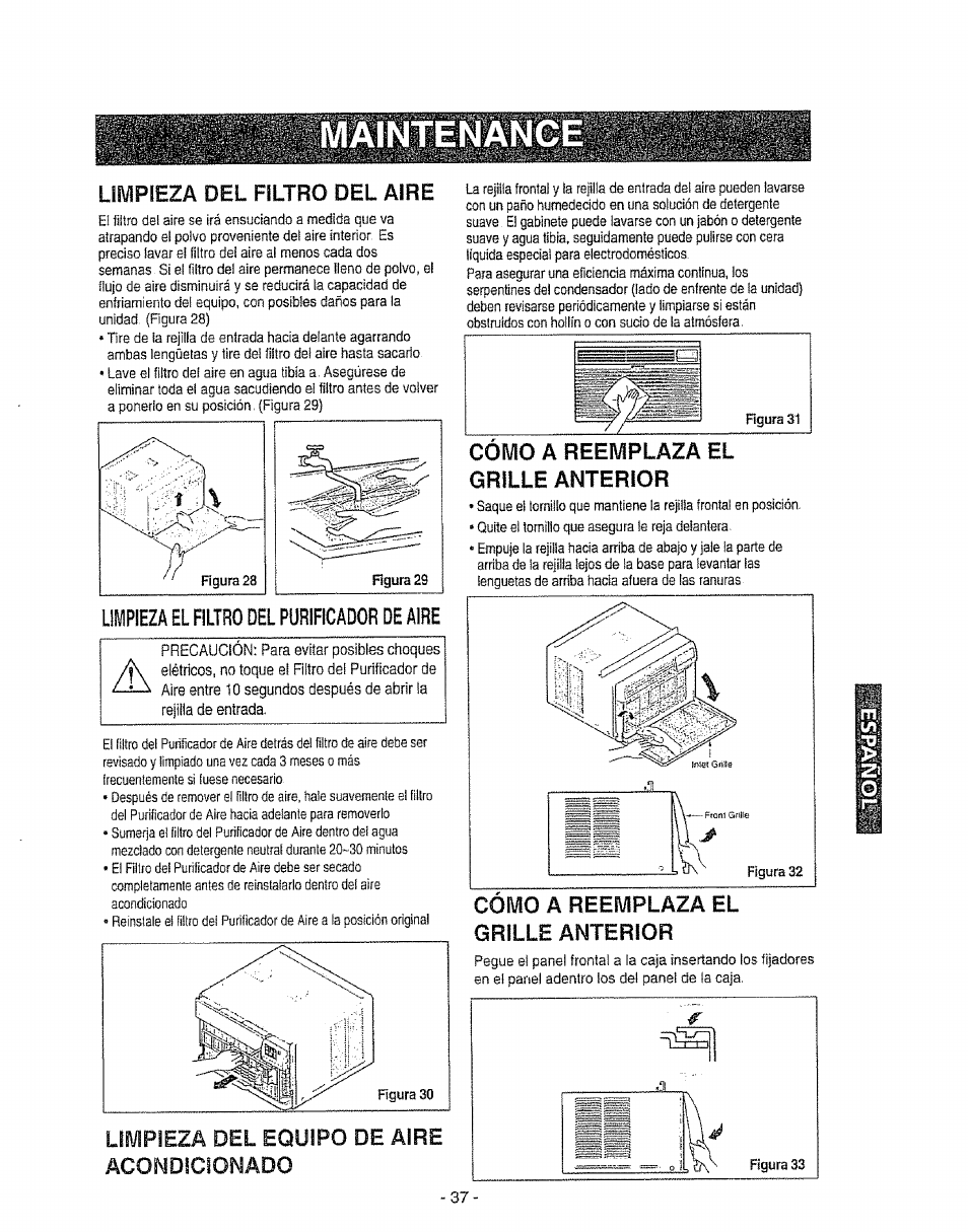 Limpieza del filtro del aire, Ulpieza el filtro del pürificâdor de aire, Limpieza del equipo de aire acondicionado | Como a reemplaza el grille anterior | Kenmore 580. 72089 User Manual | Page 37 / 40