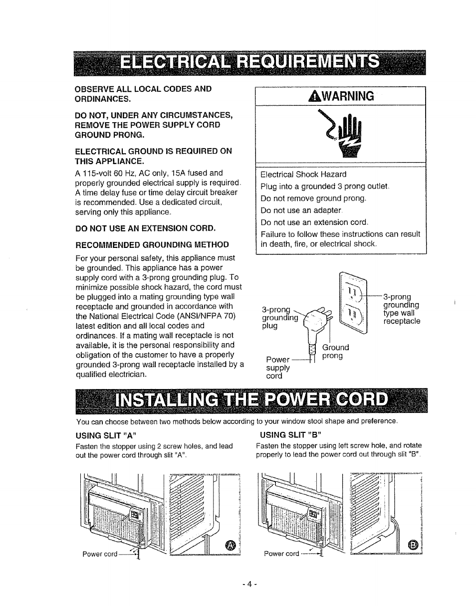 Electrical requirements, Observe all local codes and ordinances, Electrical ground is required on this appliance | Do not use an extension cord, Recommended grounding method, Installing the power cord, Awärning | Kenmore 580. 72089 User Manual | Page 4 / 40