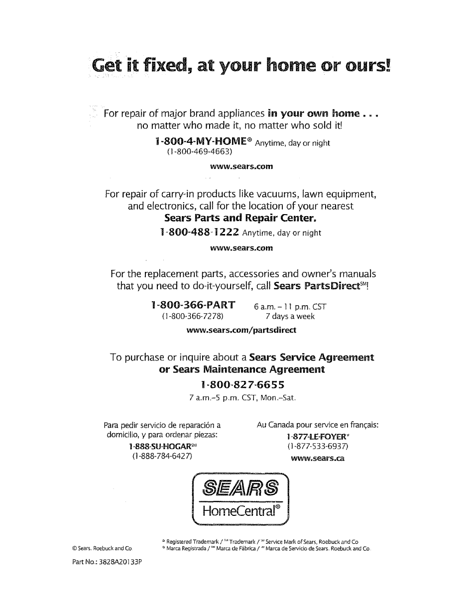 Get it fixed, at your home or ours, Fixed, at your, Ours | Get it, Home or | Kenmore 580. 72089 User Manual | Page 40 / 40