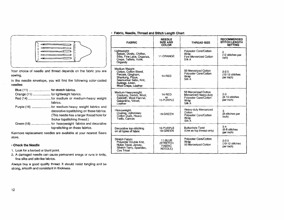 Check the needle, Change the needle | Kenmore Sewing Machine User Manual | Page 20 / 92