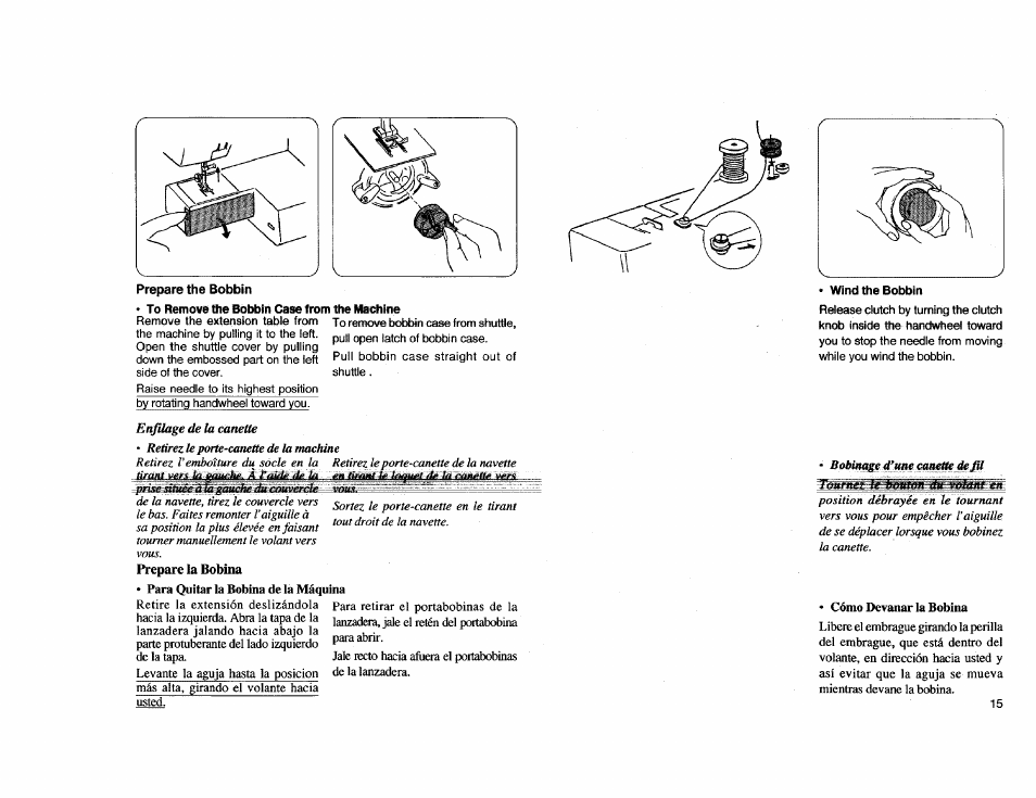 To remove №e bo№in case from the magline, Prepare la bobina, Cómo devanar la bobina | Prepare the bobbin, To remove the bobbin case from the machine | Kenmore Sewing Machine User Manual | Page 23 / 92