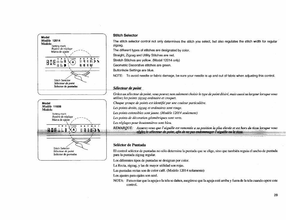 Stitch selector, Seléctor de puntada, Selector de puntada | Kenmore Sewing Machine User Manual | Page 37 / 92