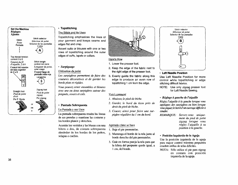 Topstitching, Puntada sobrepuesta, Posición izquierda de la aguja | Pasición izquierda de la aguja | Kenmore Sewing Machine User Manual | Page 46 / 92