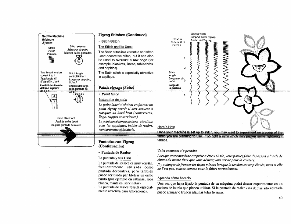 Zigzag stitches (continued), Satin stitch, Puntadas con zigzag (continuación) | Kenmore Sewing Machine User Manual | Page 57 / 92