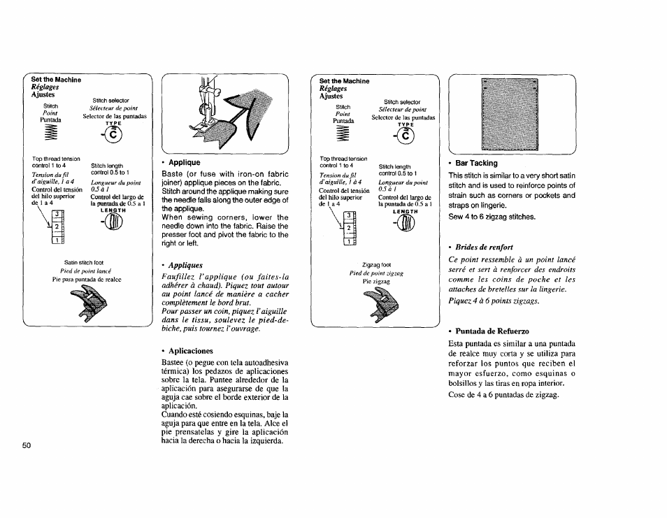 Applique, Aplicaciones, Puntada de refuerzo | Puntada de realce aplicaciones | Kenmore Sewing Machine User Manual | Page 58 / 92