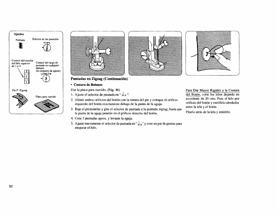 Puntadas en zigzag (continuación), Costura de botones | Kenmore Sewing Machine User Manual | Page 60 / 92