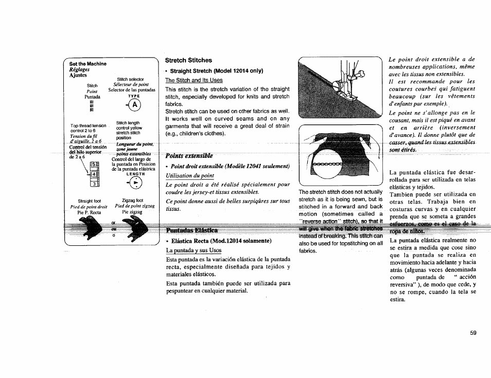 Stretch stitches, Puntadas elástica, Elástica recta (mod.12014 solamente) | Puntadas rectas, Puntadas elástica (mod. 12014 solamente) | Kenmore Sewing Machine User Manual | Page 67 / 92