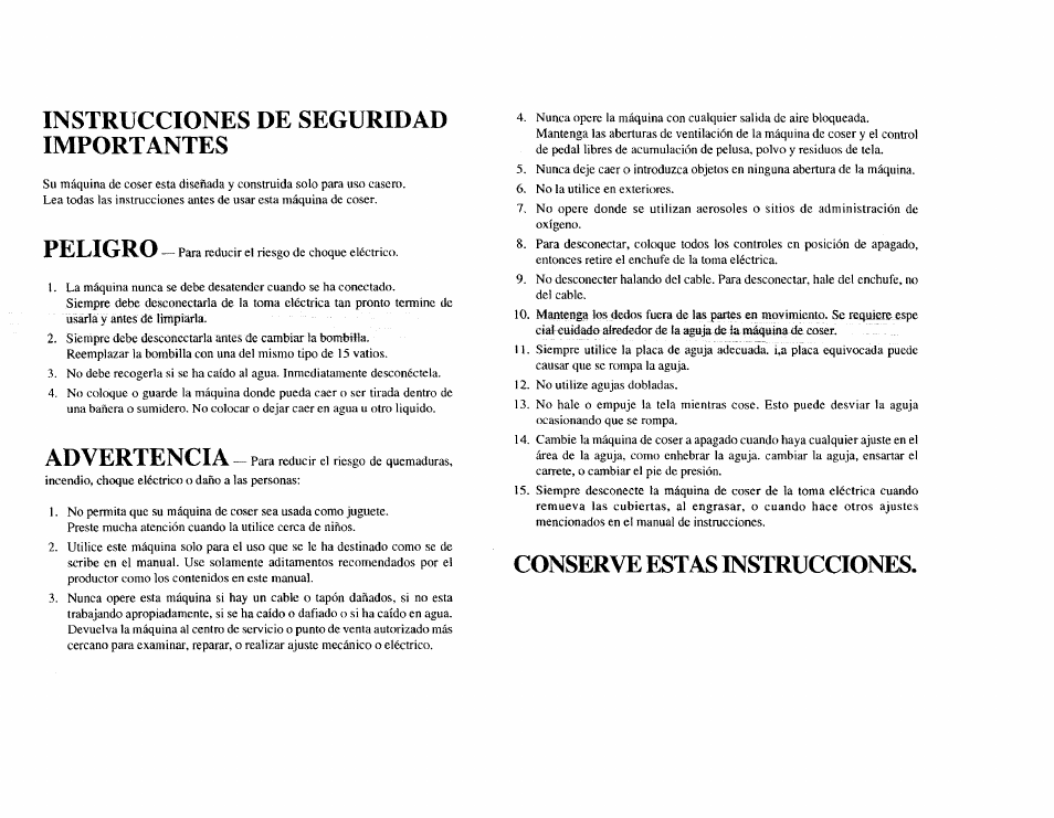 Instrucciones de seguridad importantes, Peligro, Advertencia | Conserve estas instrucciones | Kenmore Sewing Machine User Manual | Page 8 / 92