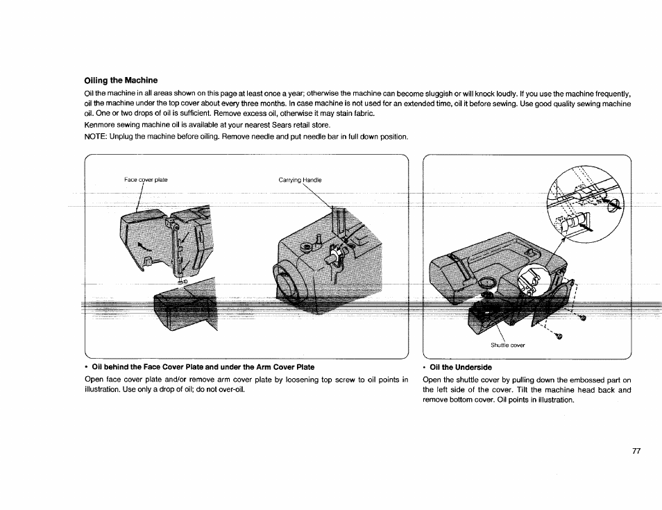 Oiling the machine, Cleaning the machine, Oil behind the face cover plate and under | Kenmore Sewing Machine User Manual | Page 85 / 92