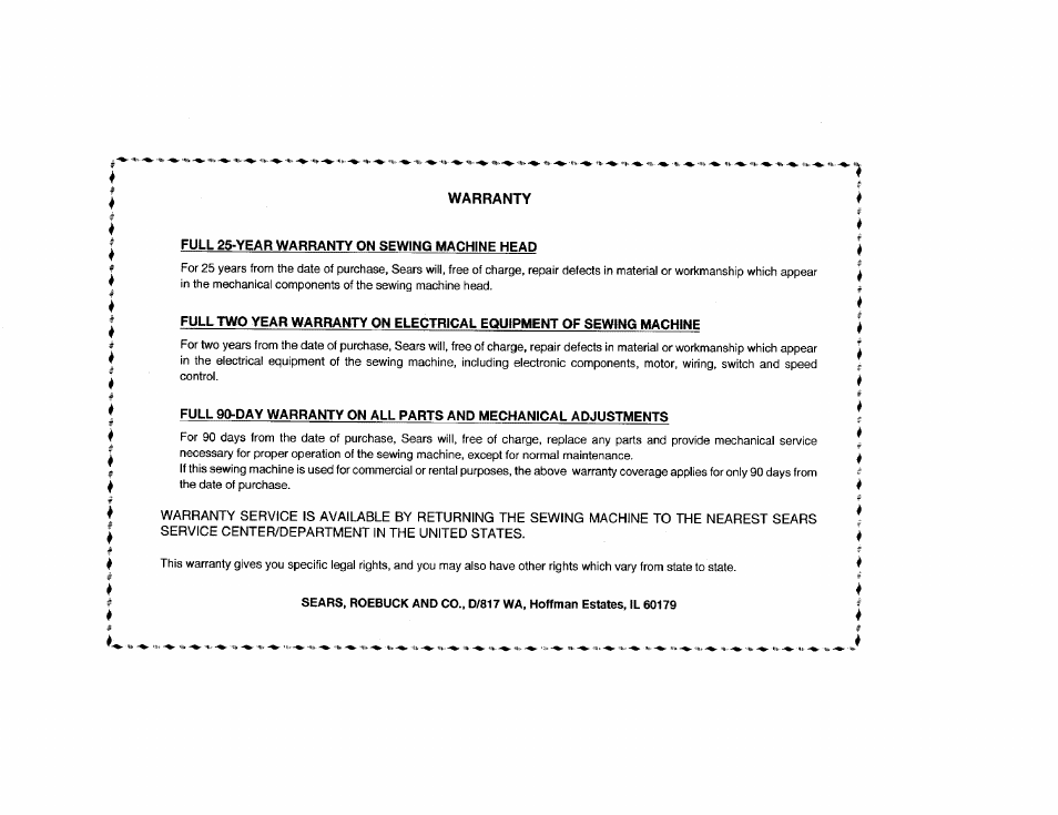 Warranty, Full 25-year warranty on sewing machine head | Kenmore Sewing Machine User Manual | Page 90 / 92
