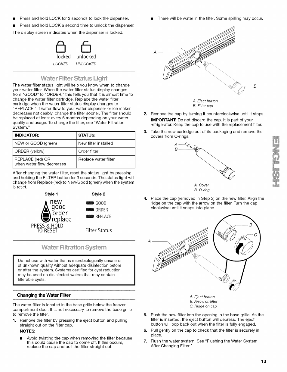 Changing the water filter, W replace | Kenmore ELITE W10215709A User Manual | Page 13 / 84