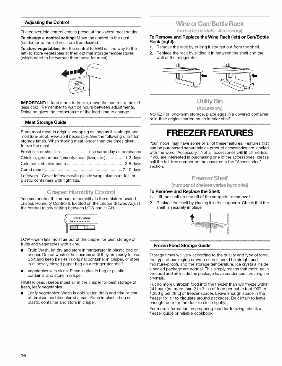 Adjusting the control, Meat storage guide, Freezer features | To remove and replace the shelf, Frozen food storage guide | Kenmore ELITE W10215709A User Manual | Page 16 / 84