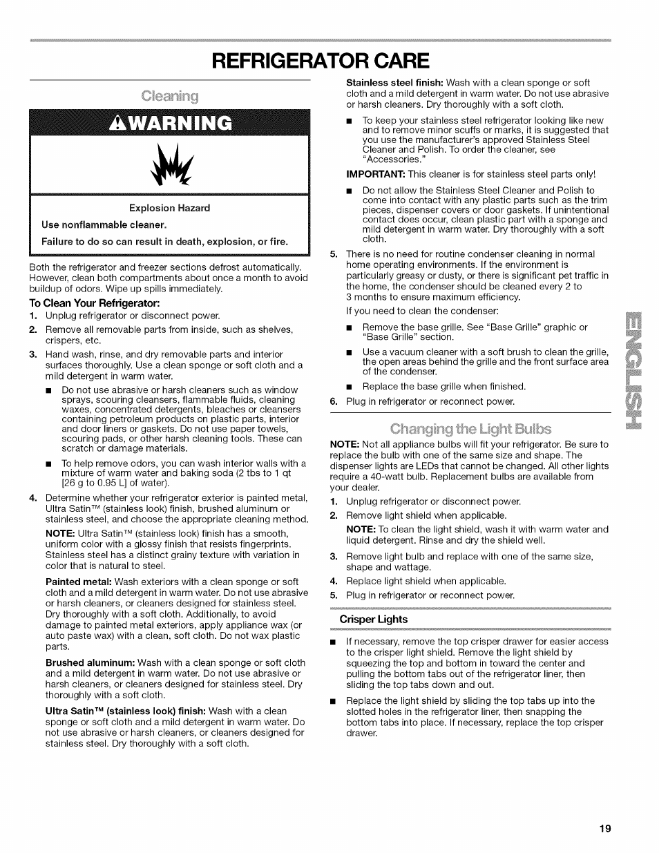 Refrigerator care, Awarning, To clean your refrigerator | I#rianc, Crisper lights, Refrigerator features | Kenmore ELITE W10215709A User Manual | Page 19 / 84