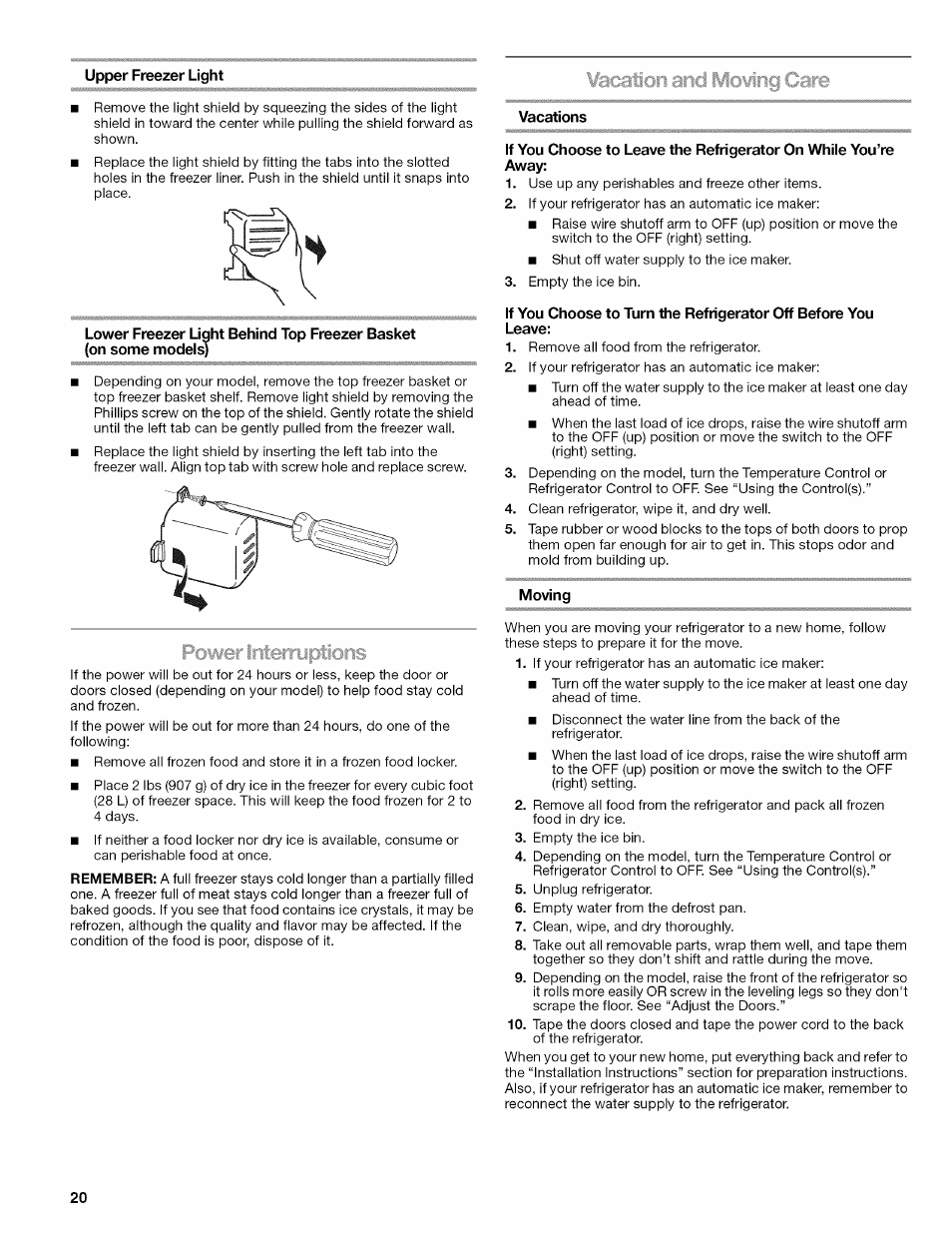 Upper freezer light, Acc3iori and mmi, Vacations | Moving, Acc3iori and | Kenmore ELITE W10215709A User Manual | Page 20 / 84