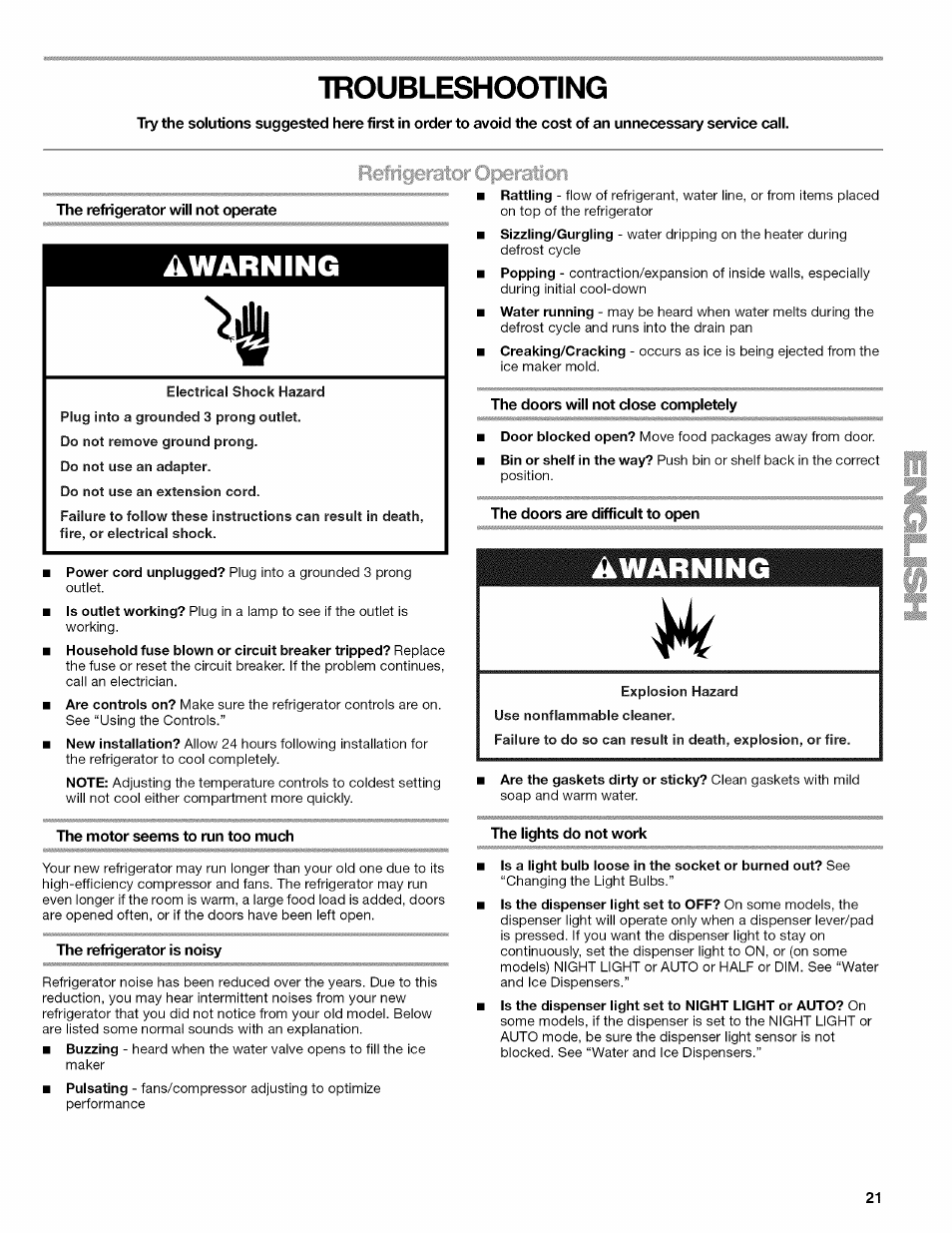 Troubleshooting, Refrigerai itiori, The motor seems to run too much | The refrigerator is noisy, The doors will not close completely, The doors are difficult to open, Awarning, The lights do not work | Kenmore ELITE W10215709A User Manual | Page 21 / 84