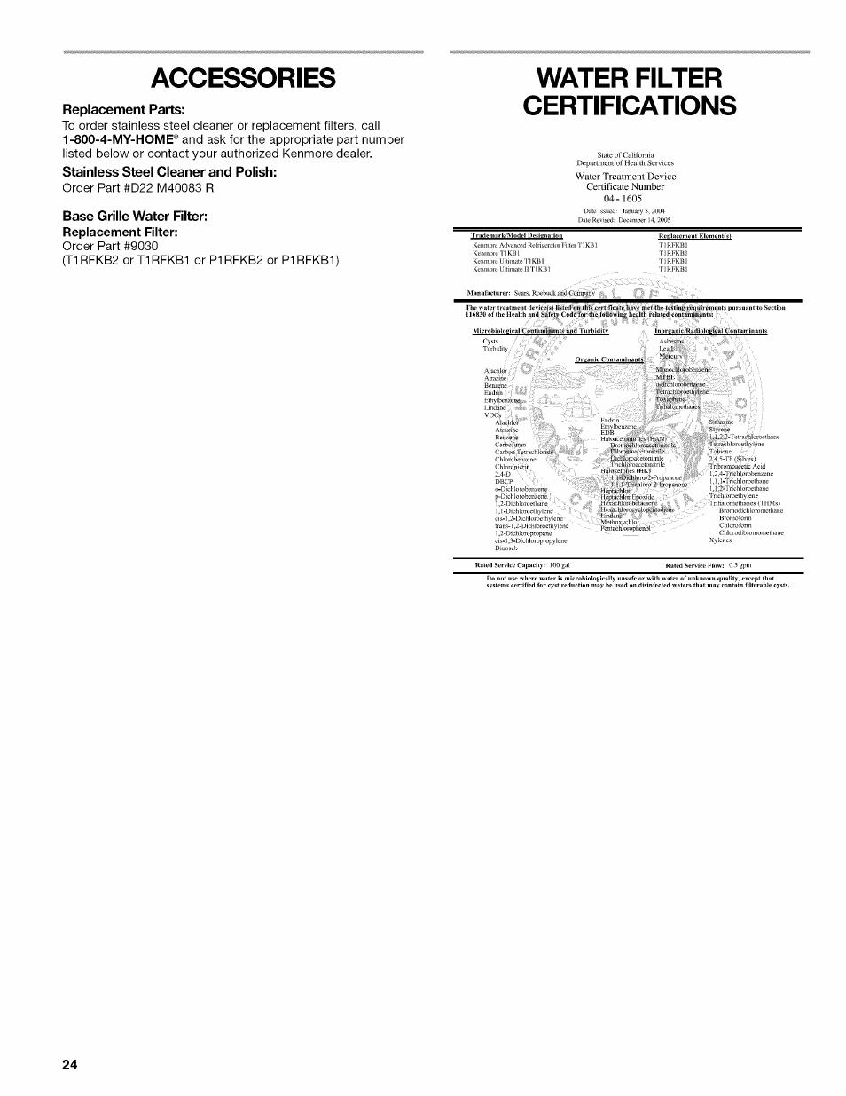 Accessories, Replacement parts, Stainless steel cleaner and polish | Base grille water filter, Water filter certifications | Kenmore ELITE W10215709A User Manual | Page 24 / 84