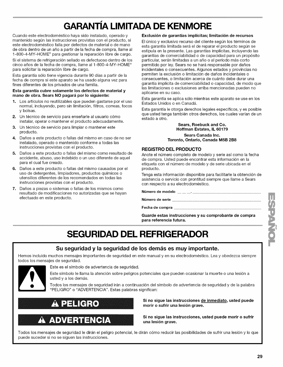 Garantia limitada de kenmore, Registro del producto, Seguridad del refrigerador | Peligro, Advertencia | Kenmore ELITE W10215709A User Manual | Page 29 / 84