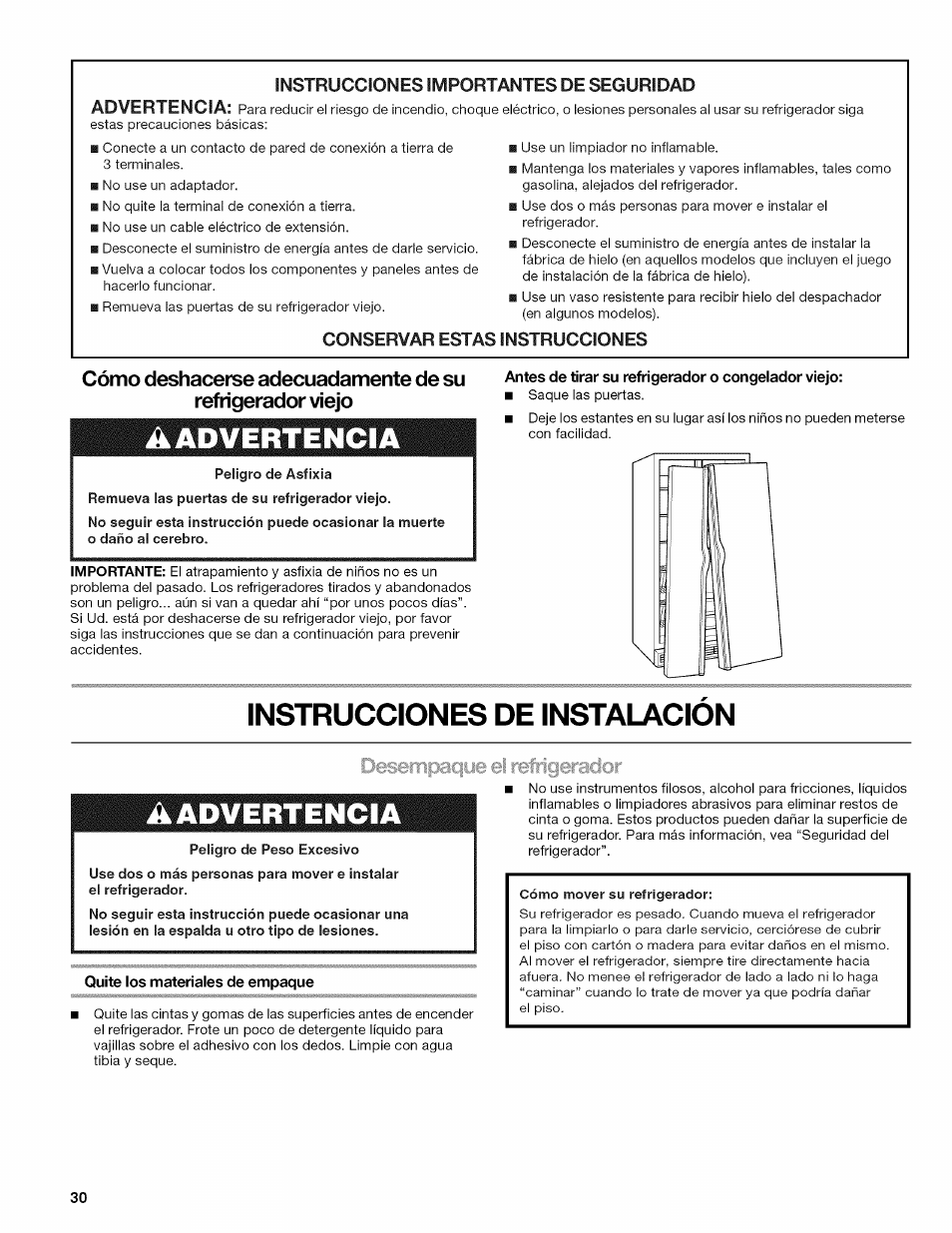 Aadvertencia, Antes de tirar su refrigerador o congelador viejo, Instrucciones de instalacion | Quite los materiales de empaque | Kenmore ELITE W10215709A User Manual | Page 30 / 84