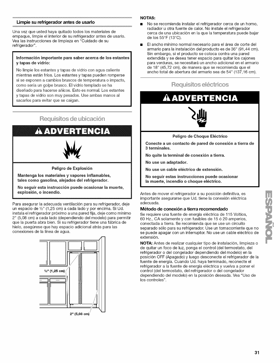 Limpie su refrigerador antes de usarlo, Rec|y¡s¡tos de ubicación, A advertencia | Método de conexión a tierra recomendado | Kenmore ELITE W10215709A User Manual | Page 31 / 84