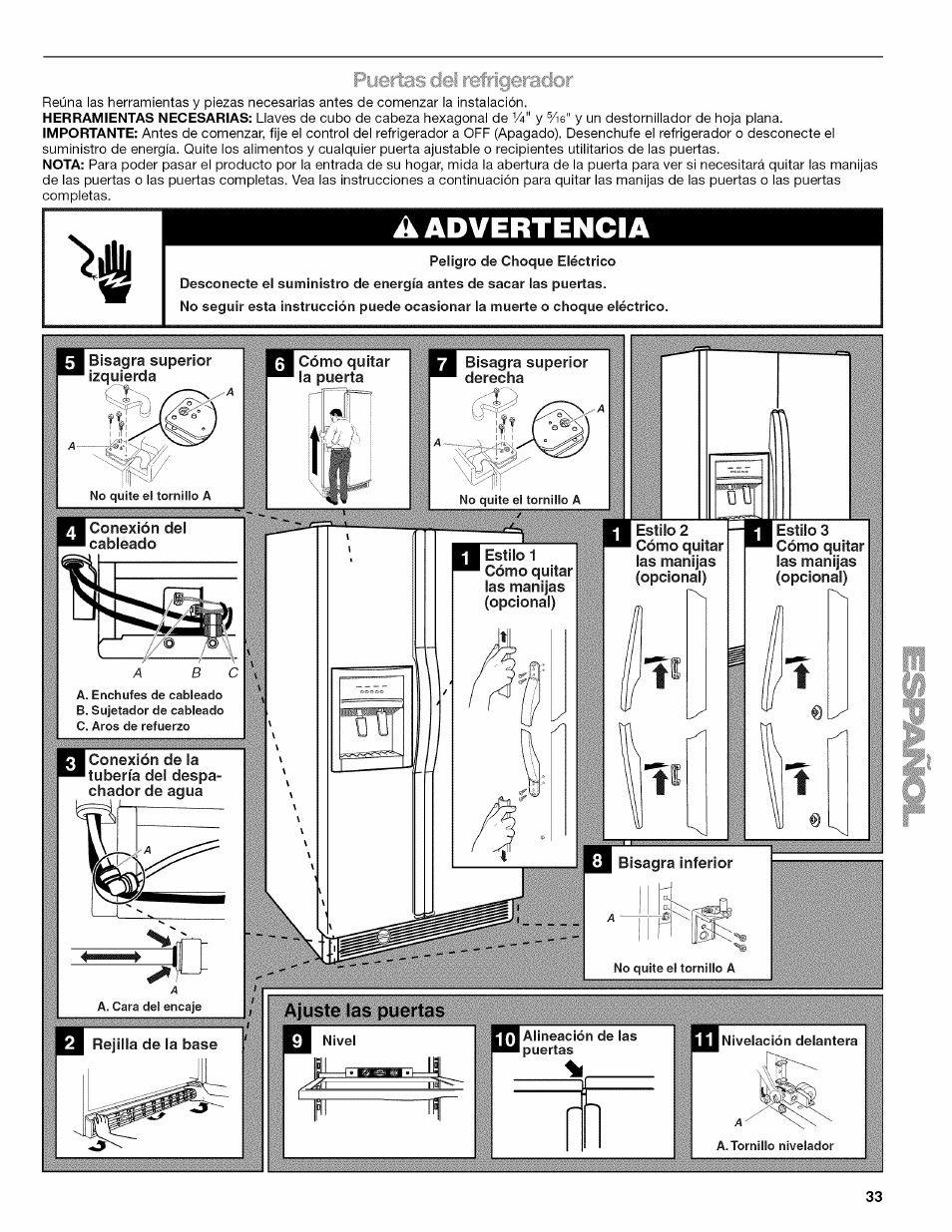 Puertas del refrigerador, Ajuste las puertas, Puertas dei refrigerador | Ajuste ias puertas, A advertencia | Kenmore ELITE W10215709A User Manual | Page 33 / 84