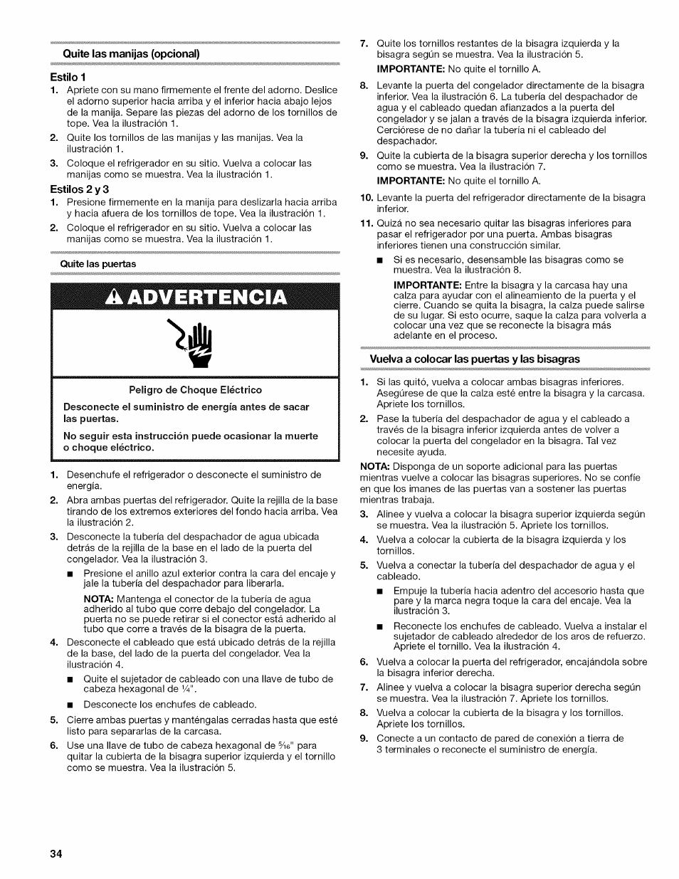 Quite las manijas (opcional), Estilo 1, Estilos 2 y 3 | A advertencia, Vuelva a colocar las puertas y las bisagras | Kenmore ELITE W10215709A User Manual | Page 34 / 84