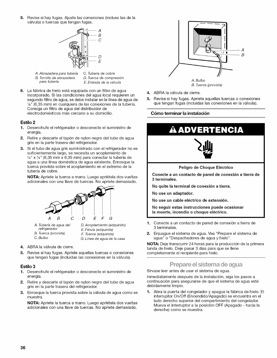 Estilo 2, Estilo 3, Cómo terminar la instalación | A advertencia | Kenmore ELITE W10215709A User Manual | Page 36 / 84