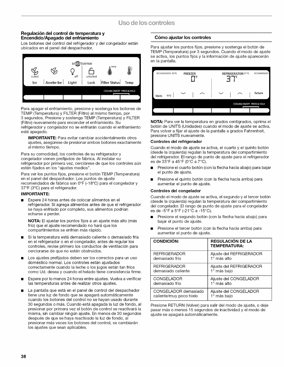 Cómo ajustar los controles, Си"" f | Kenmore ELITE W10215709A User Manual | Page 38 / 84