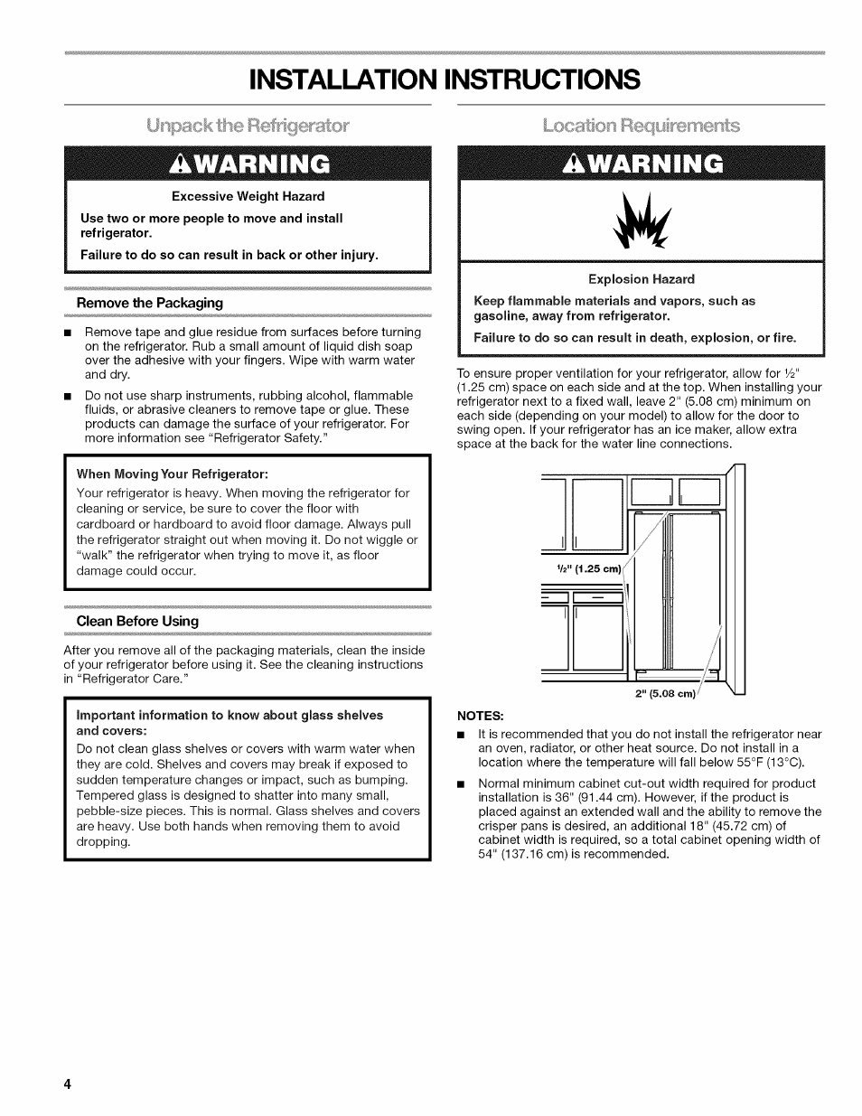 Installation instructions, Awarning, Remove the packaging | Clean before using | Kenmore ELITE W10215709A User Manual | Page 4 / 84