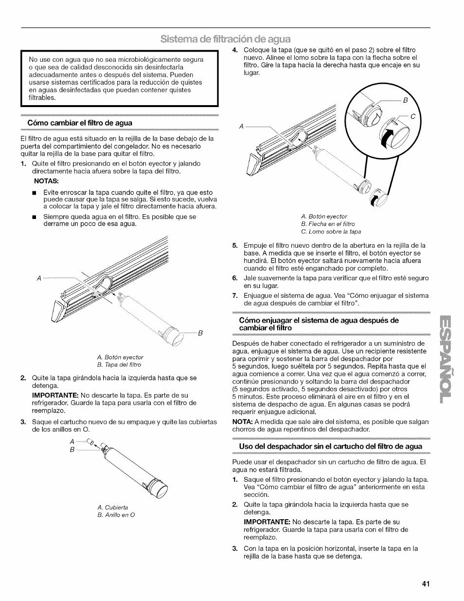 Cómo cambiar el filtro de agua, Tración d€í agua | Kenmore ELITE W10215709A User Manual | Page 41 / 84