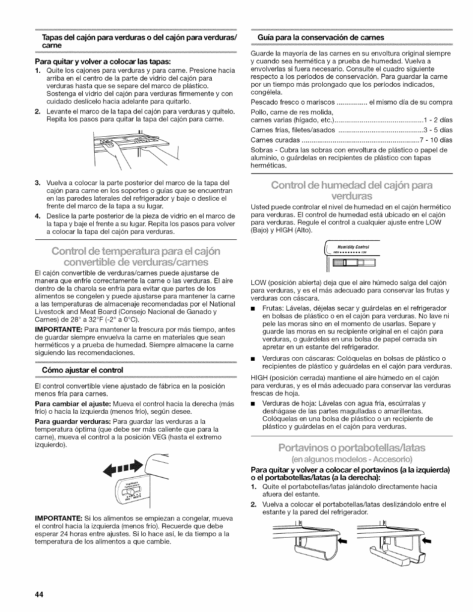 Para quitar y volver a colocar las tapas, Guía para la conservación de carnes, Cómo ajustar el control | Kenmore ELITE W10215709A User Manual | Page 44 / 84