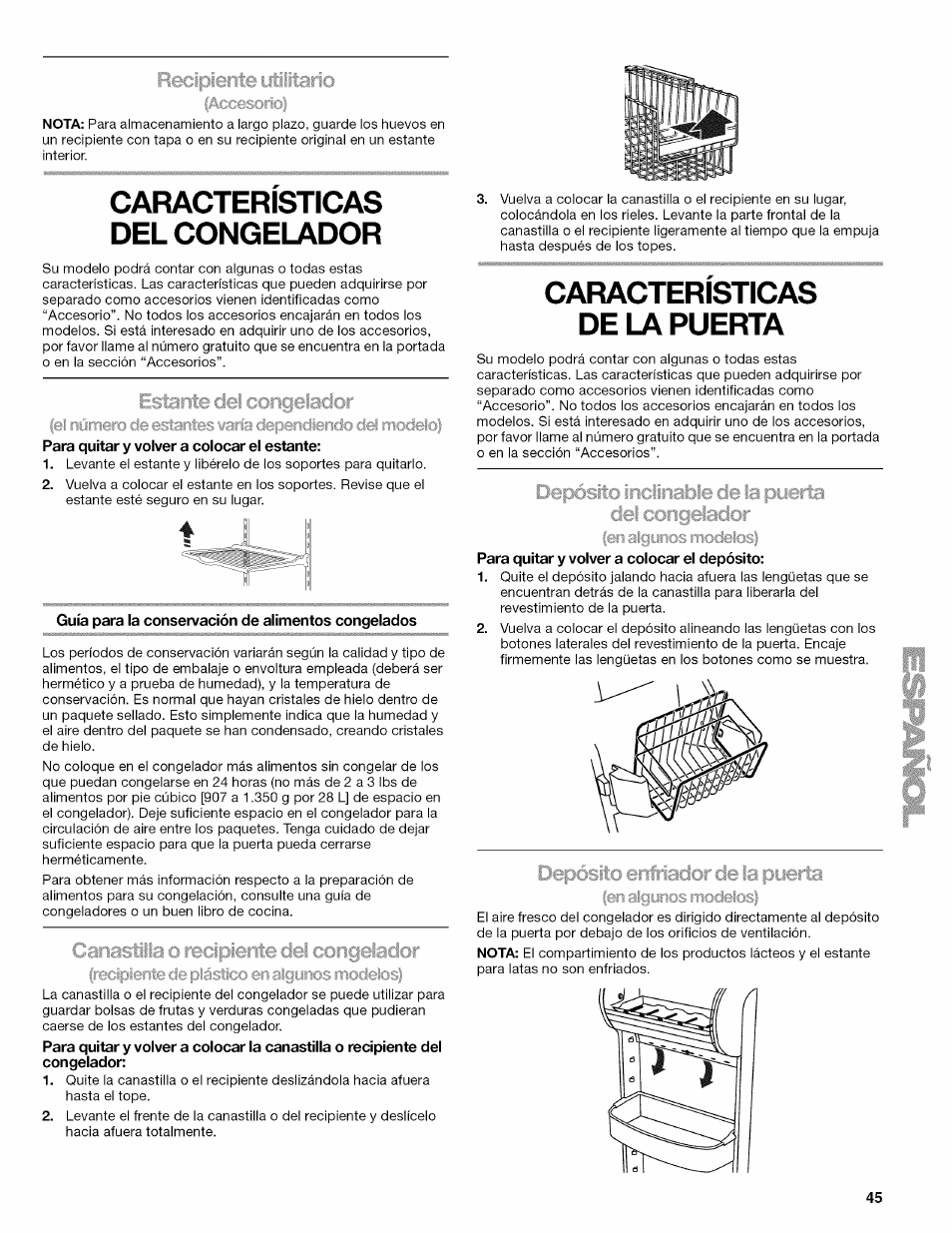 Características del congelador, Para quitar y volver a colocar el estante, Guía para la conservación de alimentos congelados | Caracteristicas de la puerta, Para quitar y volver a colocar el depósito, Características del refrigerador, Características de la puerta | Kenmore ELITE W10215709A User Manual | Page 45 / 84