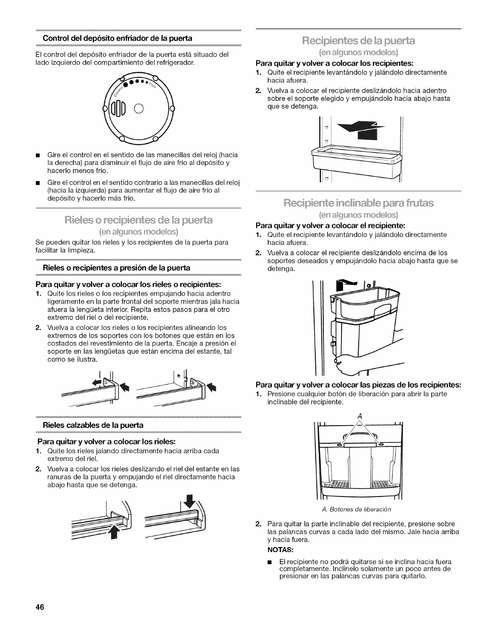 Para quitar y volver a colocar los recipientes, Rieles o recipientes a presión de la puerta, Para quitar y volver a colocar los rieles | Para quitar y volver a colocar el recipiente | Kenmore ELITE W10215709A User Manual | Page 46 / 84