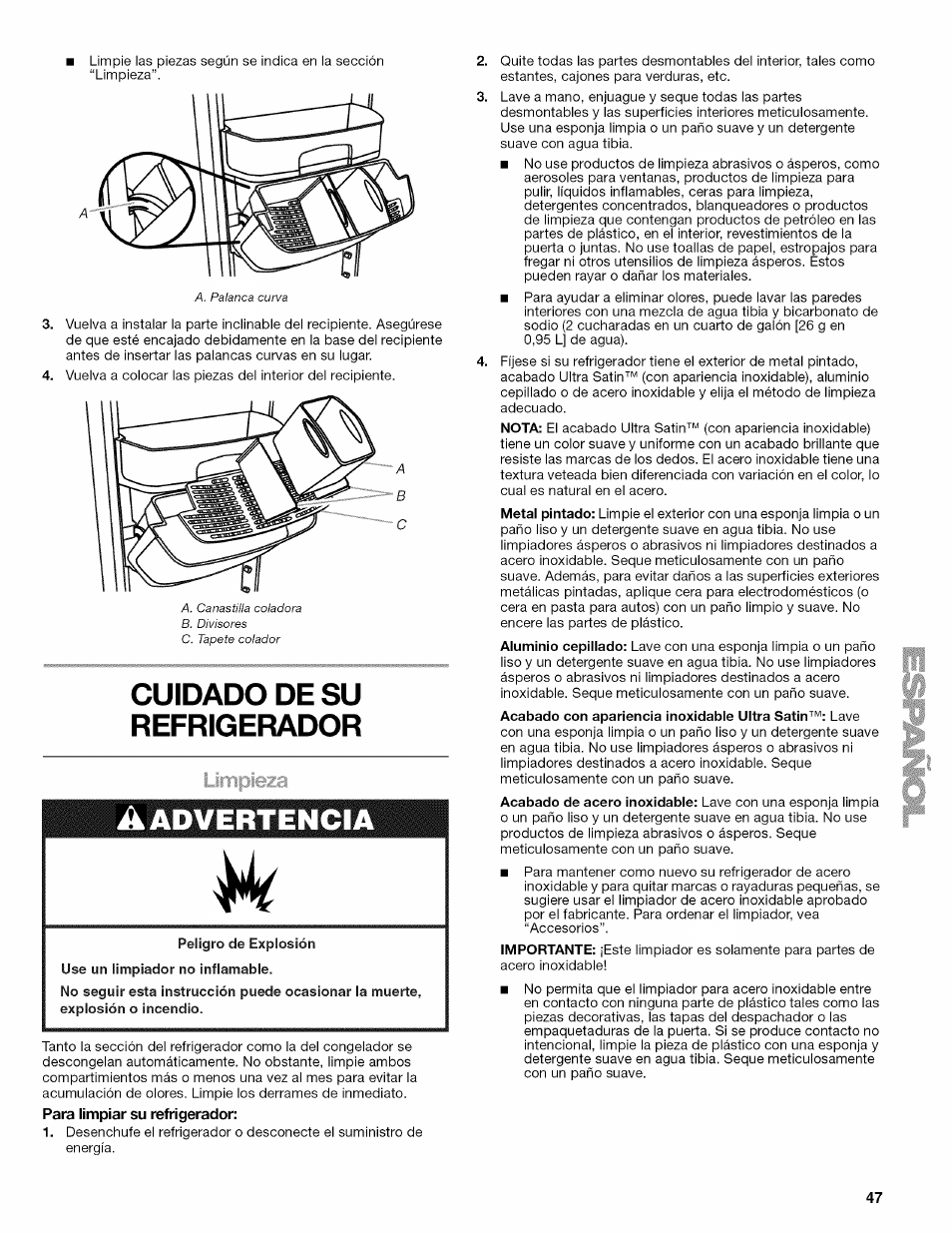 Cuidado de su refrigerador, Liriipicíza, Para limpiar su refrigerador | Advertencia | Kenmore ELITE W10215709A User Manual | Page 47 / 84