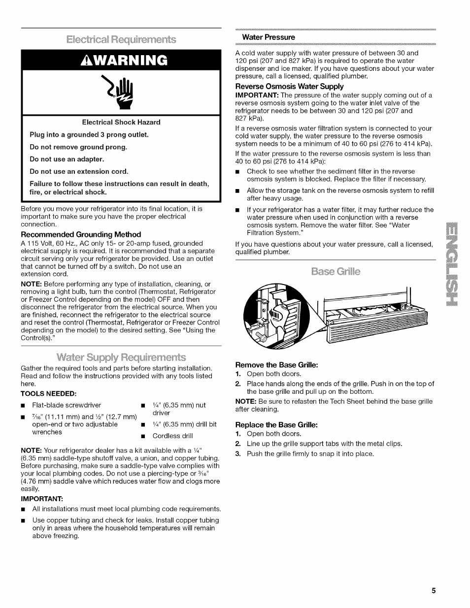 Irerri€5rits, Warning, Water pressure | Recommended grounding method, Wafer supply recfuirbrnents, Reverse osmosis water supply, Base grille, Remove the base grille, Replace the base grille, Water supply requirements | Kenmore ELITE W10215709A User Manual | Page 5 / 84