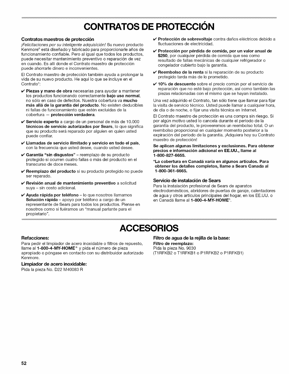 Contratos de proteccion, Contratos maestros de protección, Servicio de instalación de sears | Accesorios, Refacciones, Limpiador de acero inoxidable, Filtro de agua de la rejilla de la base, Contratos de protección | Kenmore ELITE W10215709A User Manual | Page 52 / 84