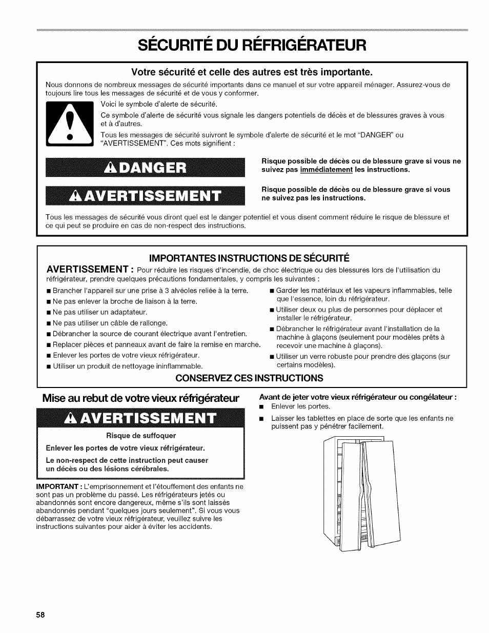 Securite du refrigerateur, Adanger, Avertissement | Importantes instructions de securite, Conservez ces instructions, Mise au rebut de votre vieux réfrigérateur, A avertissement, Sécurité du réfrigérateur, Adanger ^avertissement | Kenmore ELITE W10215709A User Manual | Page 58 / 84