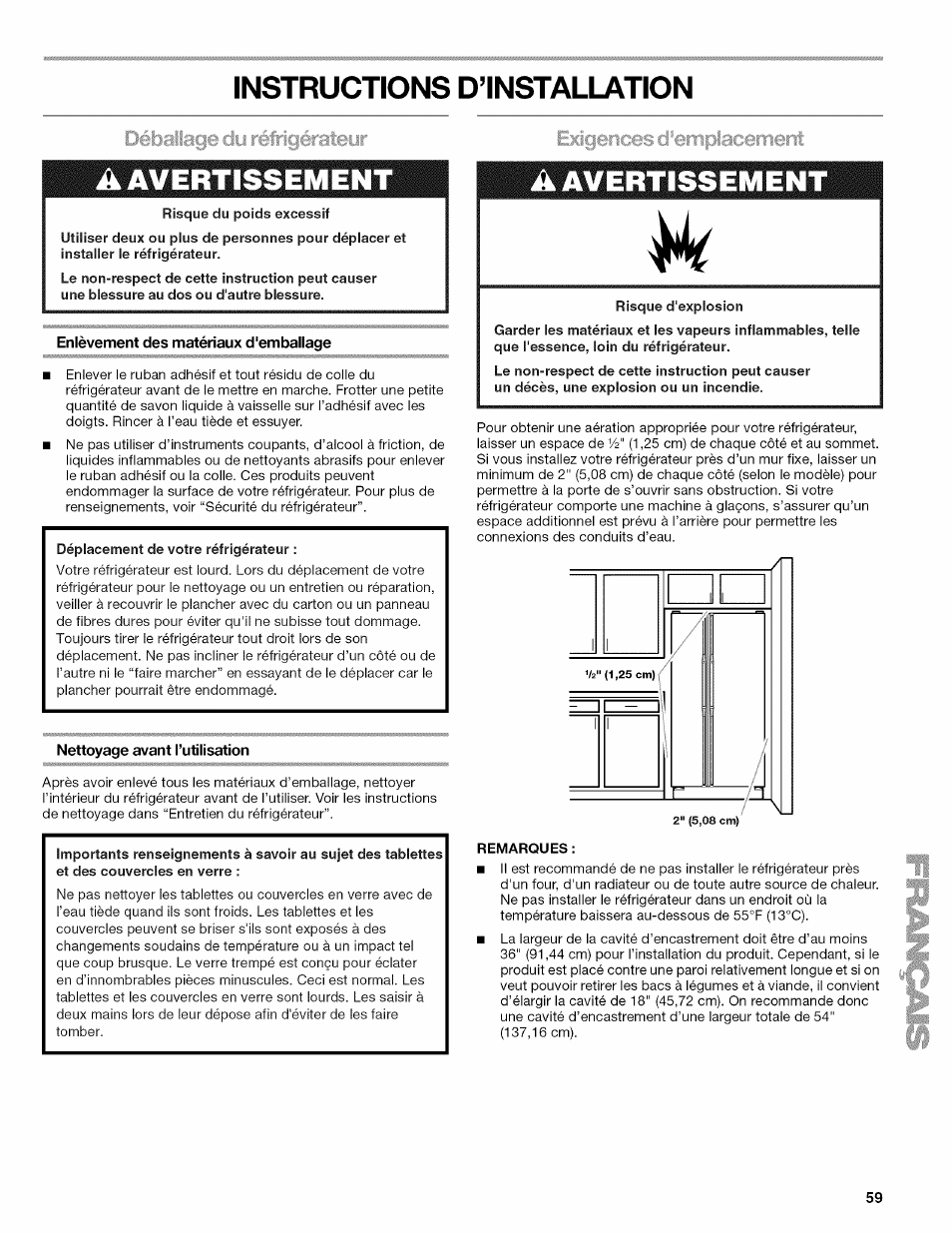 Instructions d’installation, A avertissement, Enlèvement des matériaux d'emballage | Nettoyage avant l’utilisation, Avertissement | Kenmore ELITE W10215709A User Manual | Page 59 / 84