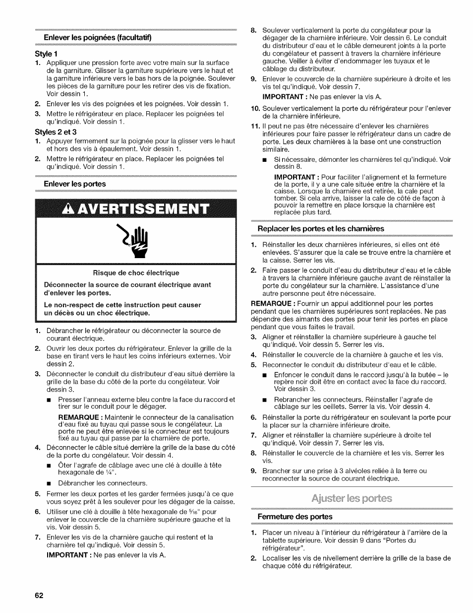 Enlever les poignées (facultatif), Style 1, Styles 2 et 3 | Enlever les portes, A avertissement, Replacer les portes et les charnières, Ajuster les portes, Fermeture des portes, Avertissement | Kenmore ELITE W10215709A User Manual | Page 62 / 84