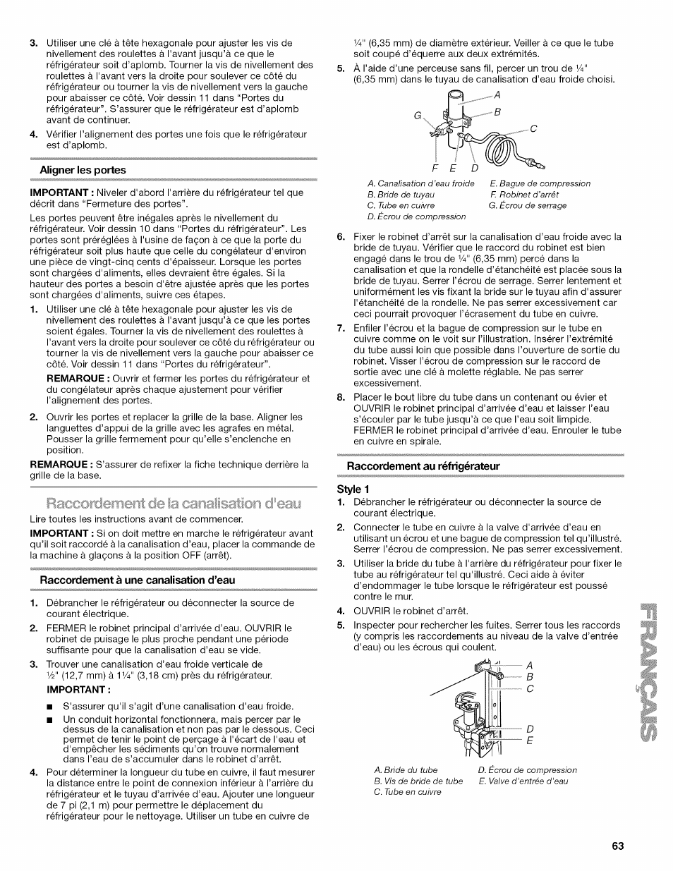 Aligner les portes, Raccordement à une canalisation d’eau, Raccordement au réfrigérateur | Style 1 | Kenmore ELITE W10215709A User Manual | Page 63 / 84