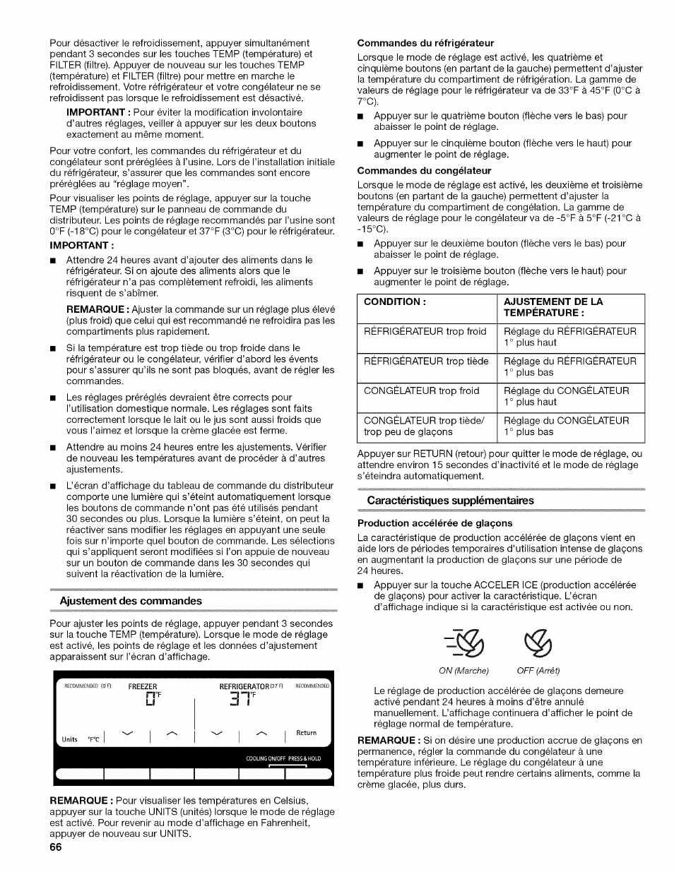 Ajustement des commandes, Caractéristiques supplémentaires | Kenmore ELITE W10215709A User Manual | Page 66 / 84