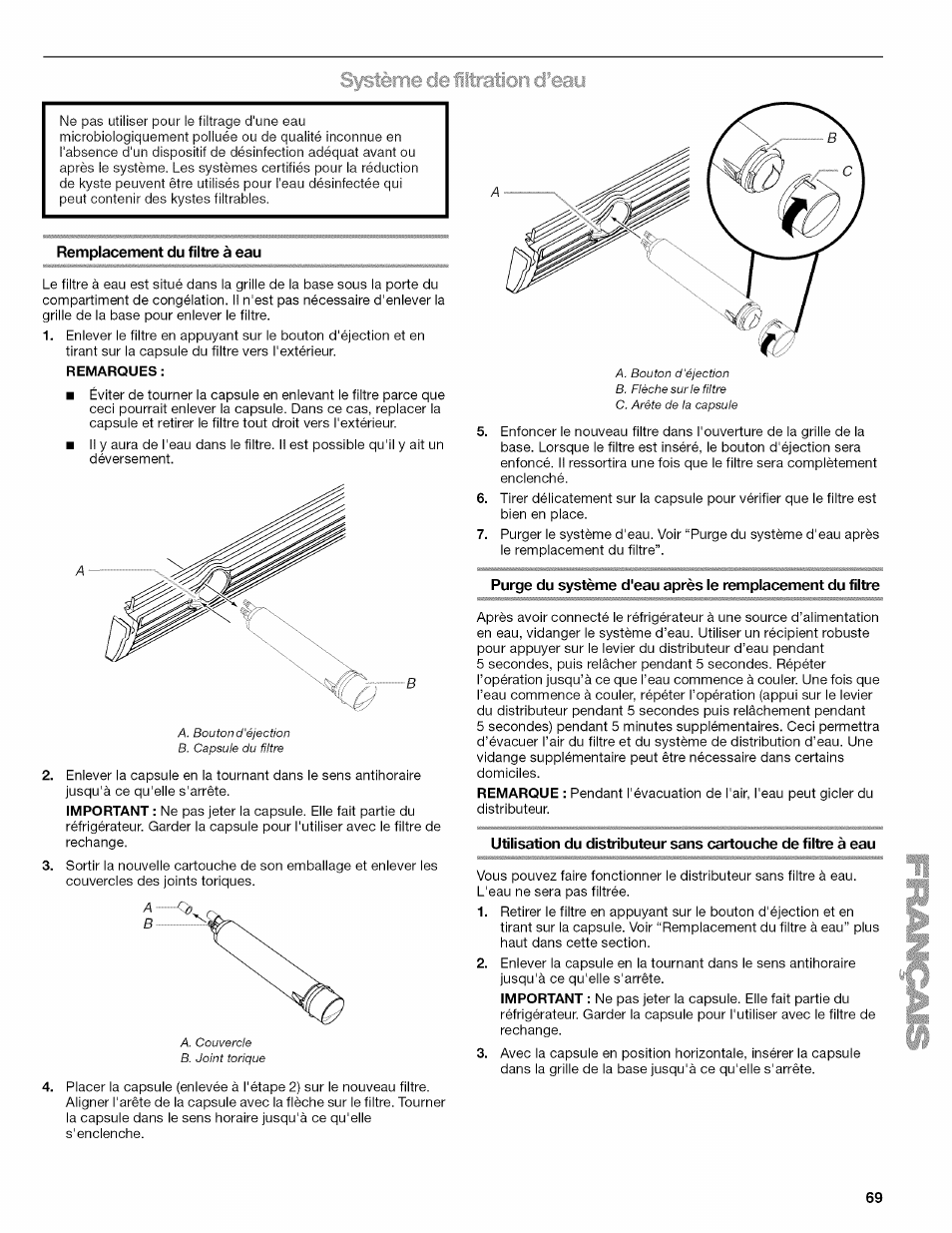 Système de iltration d’eau, Remplacement du filtre à eau | Kenmore ELITE W10215709A User Manual | Page 69 / 84