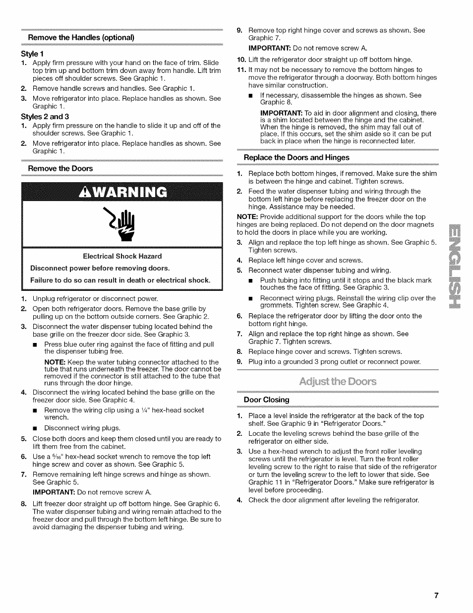 Remove the handles (optional), Style 1, Styles 2 and 3 | Remove the doors, Awarning, Replace the doors and hinges, Adjust the doors, Door closing | Kenmore ELITE W10215709A User Manual | Page 7 / 84