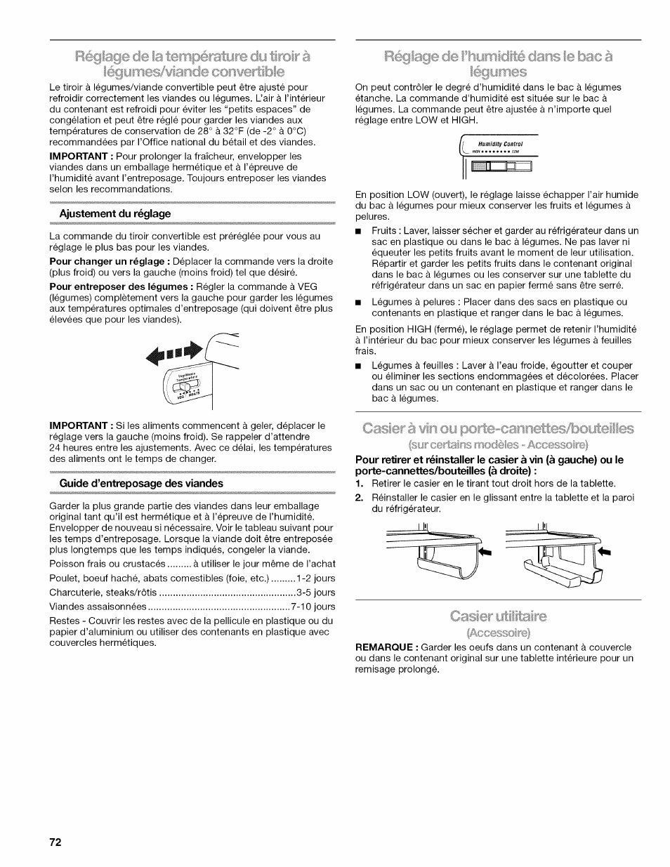 Ajustement du réglage, Guide d’entreposage des viandes, Casier à ¥in ou porte-cannettes/boiiteiles | Kenmore ELITE W10215709A User Manual | Page 72 / 84