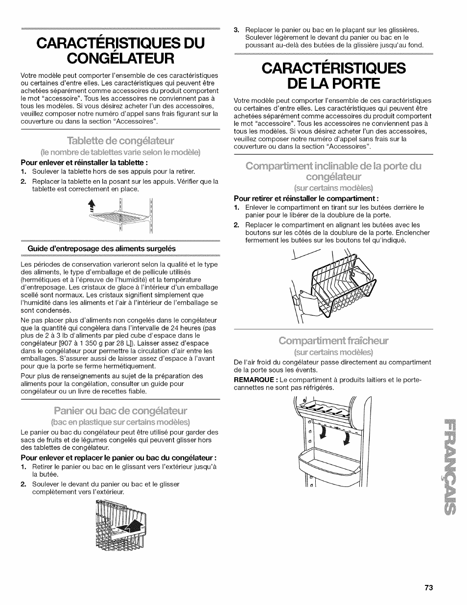 Caracteristiques du congélateur, Tablette de ccirigélatciur, Pour enlever et réinstaller la tablette | Guide d’entreposage des aliments surgelés, Caractéristiques de la pqrte, Pour retirer et réinstaller le compartiment, Caractéristioues du congélateur, Caractéristioues de la porte | Kenmore ELITE W10215709A User Manual | Page 73 / 84