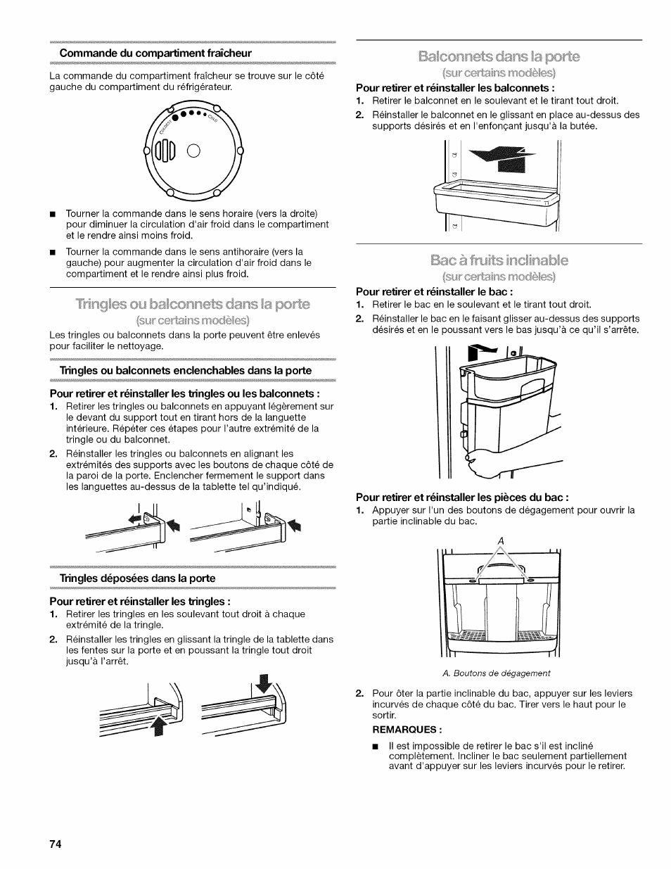 Commande du compartiment fraîcheur, Tringles ou balconnets enclenchables dans la porte, Tringles déposées dans la porte | Pour retirer et réinstaller les tringles, Pour retirer et réinstaller les balconnets, Pour retirer et réinstaller le bac, Pour retirer et réinstaller les pièces du bac | Kenmore ELITE W10215709A User Manual | Page 74 / 84