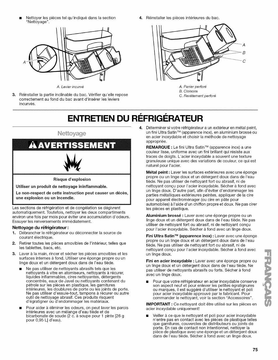 Entretien du refrigerateur, Mcîttoyage, Avertissement | Nettoyage du réfrigérateur, Tabiettes du réfrigérateur, Entretien du réfrigérateur | Kenmore ELITE W10215709A User Manual | Page 75 / 84