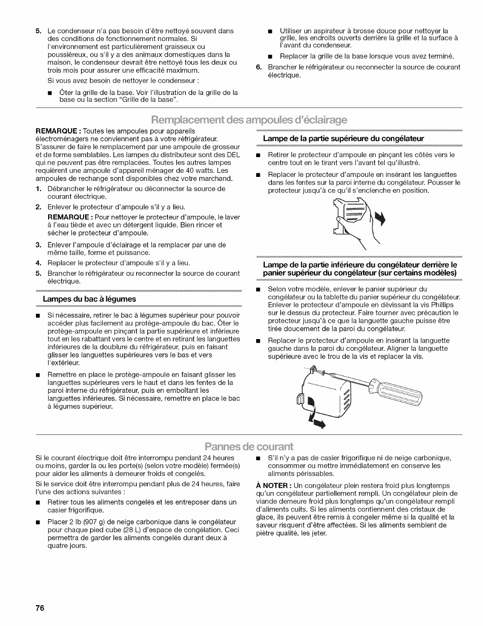 Lampes du bac à légumes, Lampe de la partie supérieure du congélateur | Kenmore ELITE W10215709A User Manual | Page 76 / 84